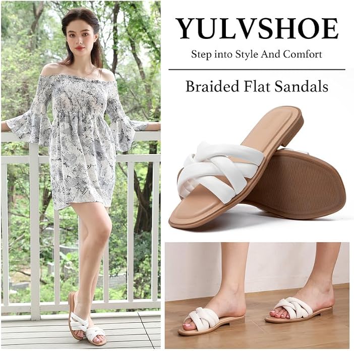 Women's White Braided Flat Slide Sandals — view 6