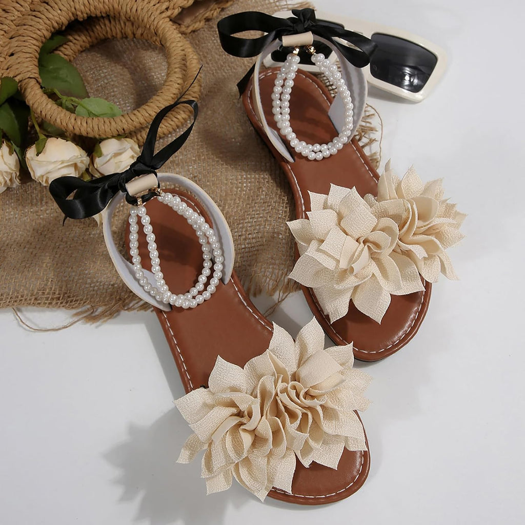 Women's Floral Pearl-Strap Flat Sandals - view 10