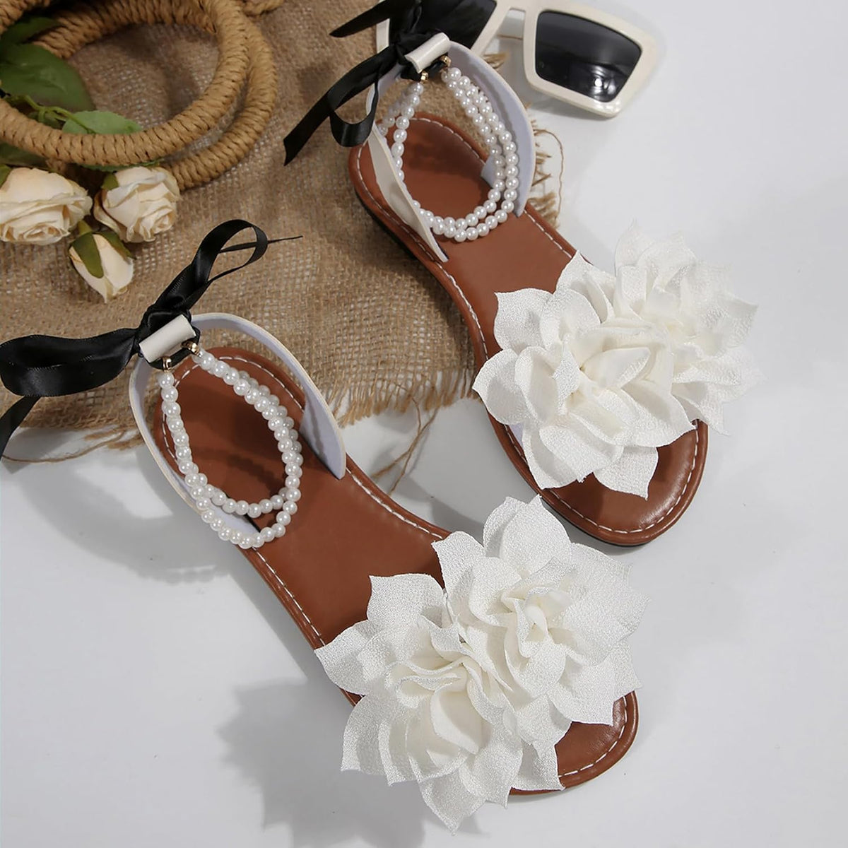 Women's Floral Pearl-Strap Flat Sandals - view 42