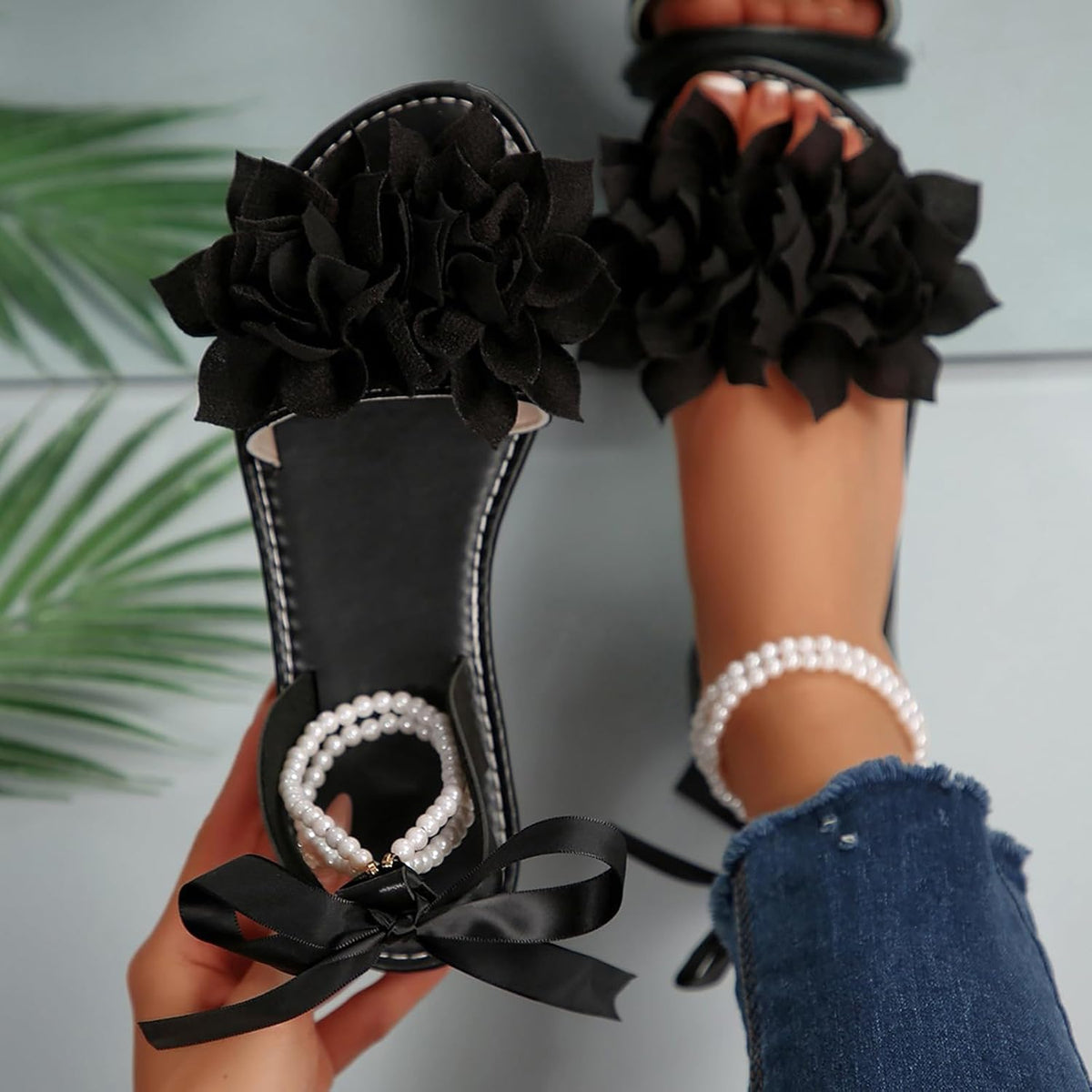 Women's Floral Pearl-Strap Flat Sandals - view 15