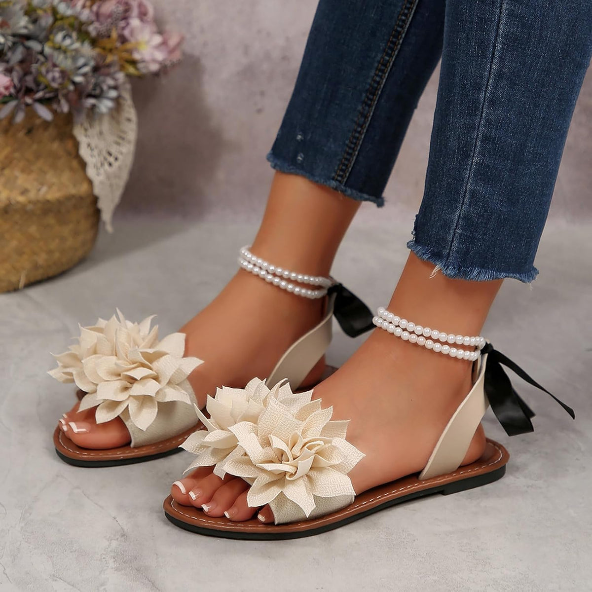 Women's Floral Pearl-Strap Flat Sandals - view 11