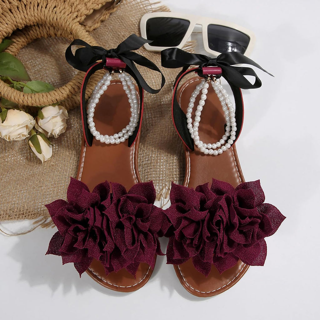 Women's Floral Pearl-Strap Flat Sandals - view 6