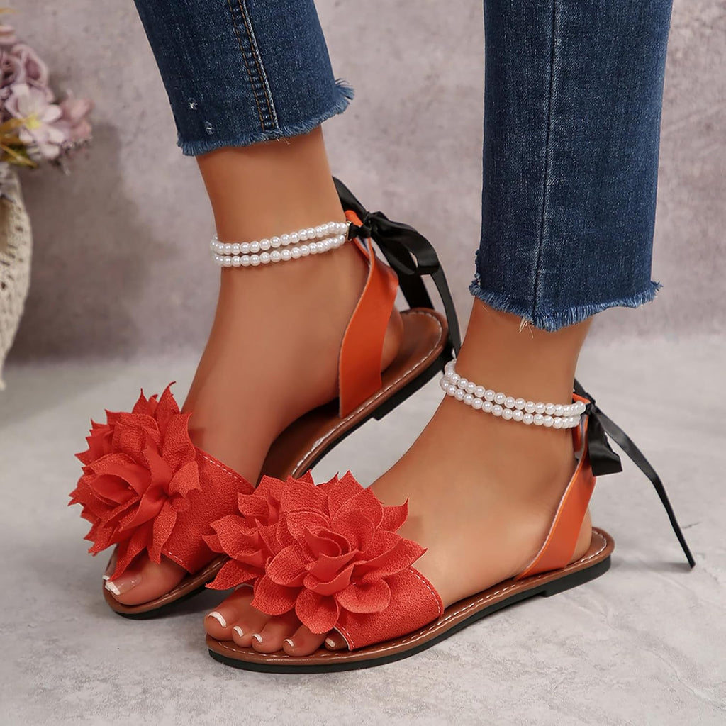 Women's Floral Pearl-Strap Flat Sandals - view 35