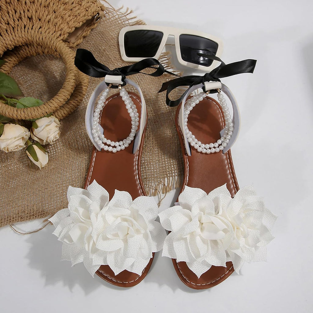 Women's Floral Pearl-Strap Flat Sandals - view 40