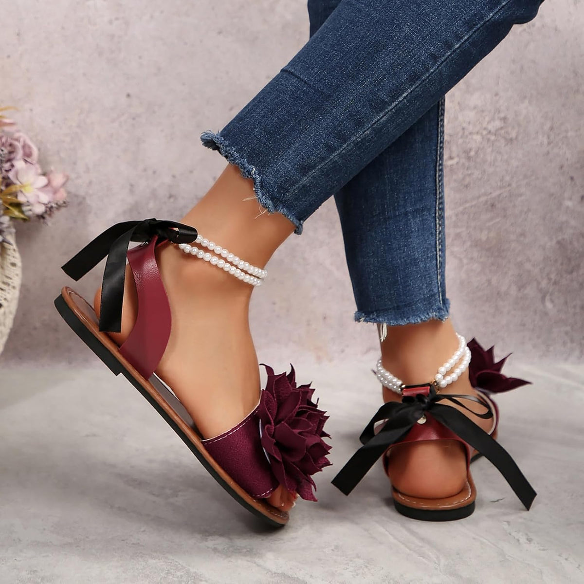 Women's Floral Pearl-Strap Flat Sandals - view 7