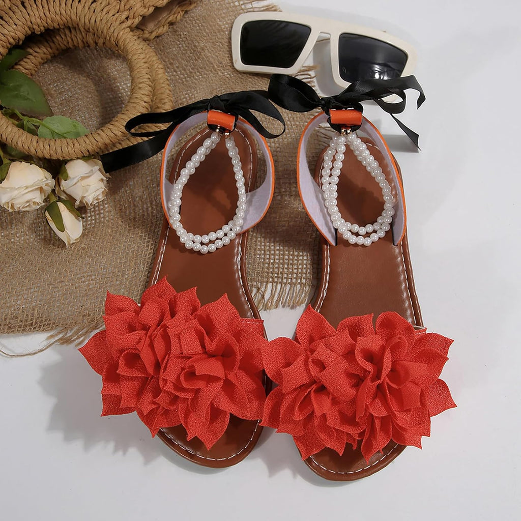 Women's Floral Pearl-Strap Flat Sandals - view 36